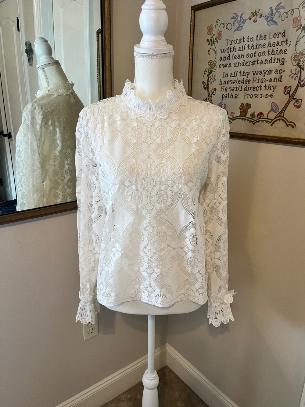 White Lace High-Neck Long Sleeve Blouse